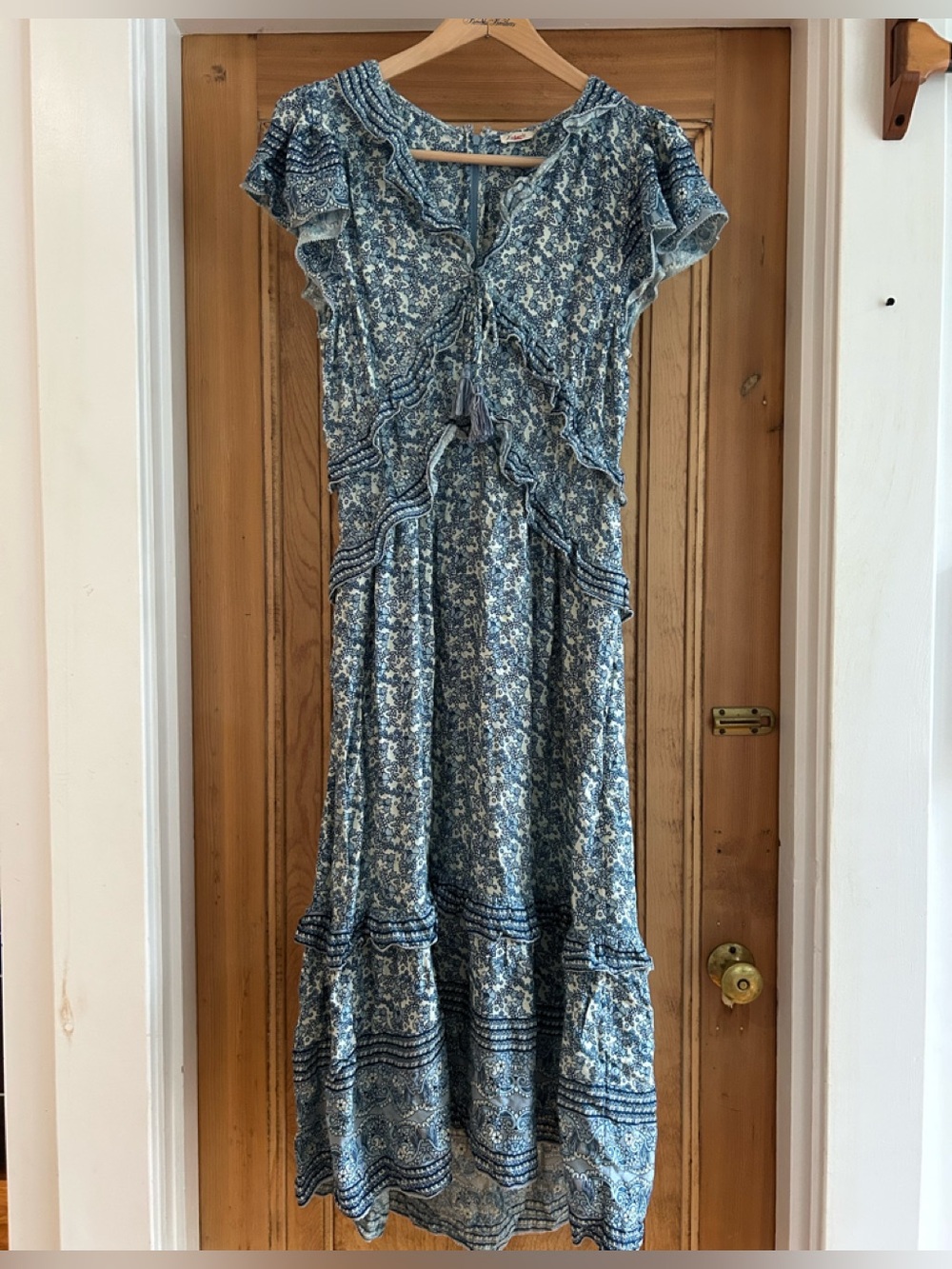 Faherty Blue Print Long Dress with Ruffle Trim